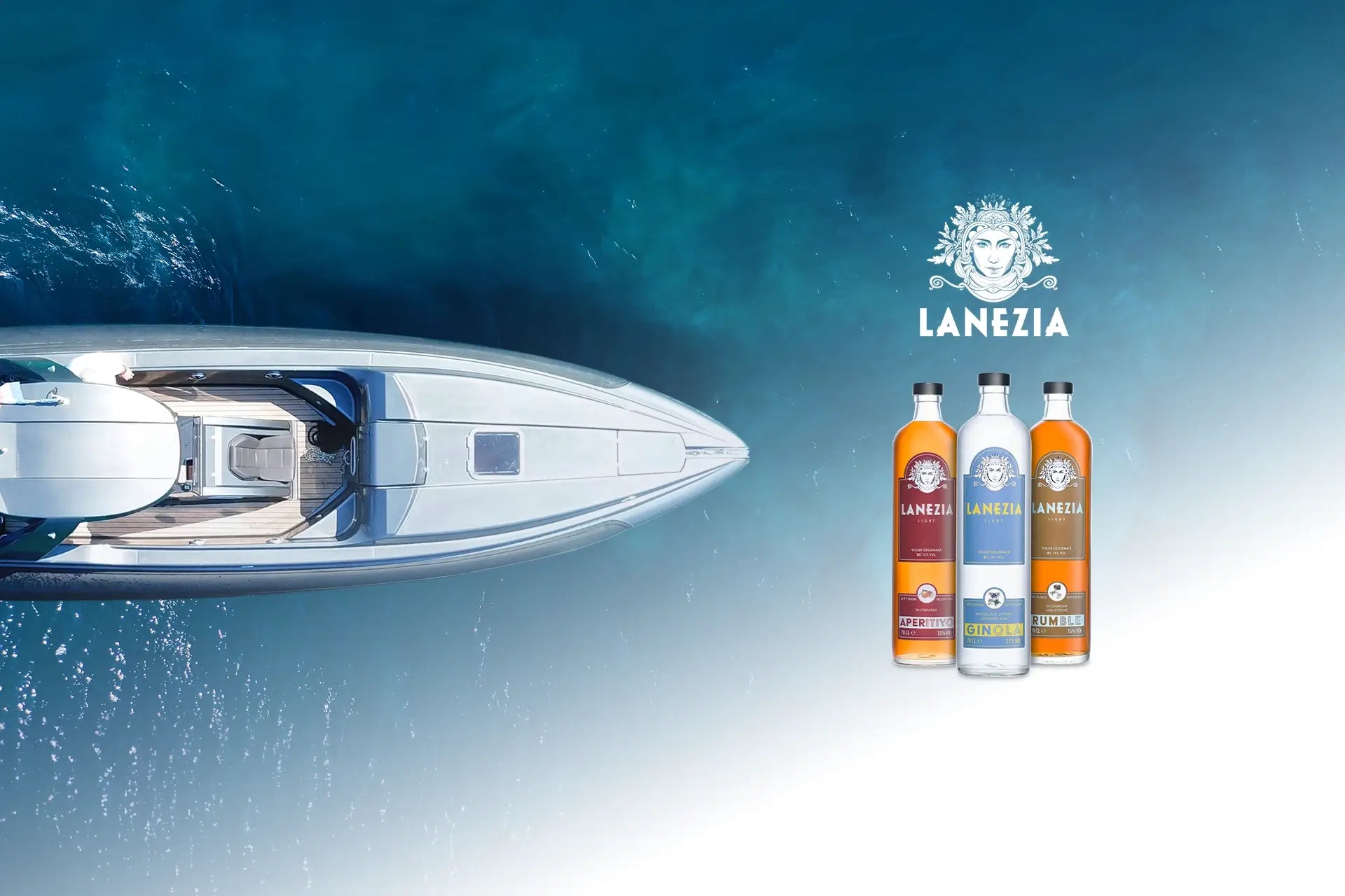 Lanezia Titelbild - Yacht im Mittelmeer und alle drei Lanezia Aperitifs